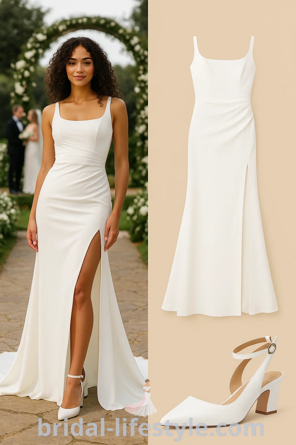Stylish white mermaid wedding dress with a fitted silhouette and sleek slit, paired with pointed-toe heels; perfect for garden weddings and evening galas, showcased on pinshoesoutfits.com.