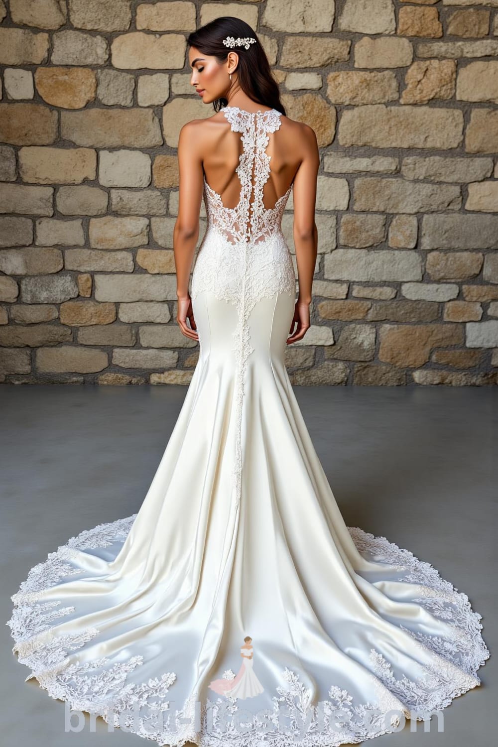 Mermaid wedding dress with intricate lace over satin, sheer neckline, elegant train, and delicate illusion details in the back. bridal-lifestyle.com