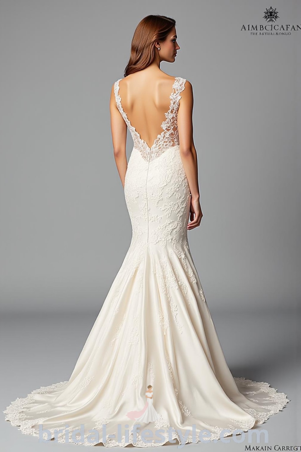 Mermaid wedding dress featuring intricate lace overlay, open back design, subtle satin shimmer, and delicate floral embroideries. bridal-lifestyle.com