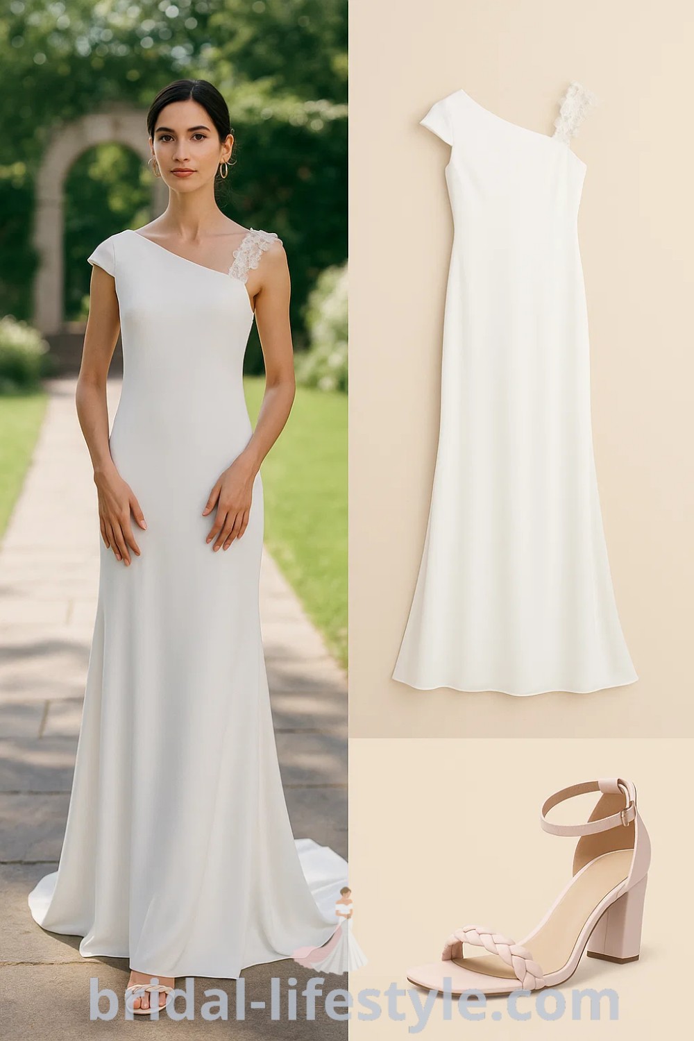 Elegant Mermaid Simple wedding dress in white with a fitted bodice and flared skirt, complemented by blush braided strap heels and gold hoop earrings. Ideal for weddings, formal events, and proms. Available at pinshoesoutfits.com.