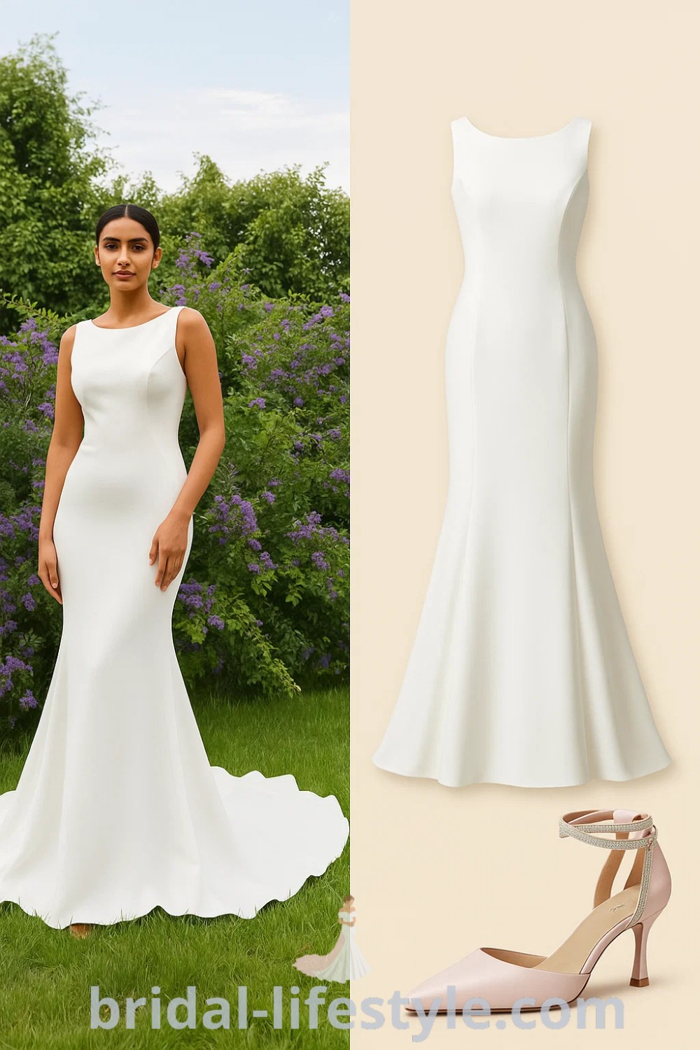 elegant mermaid simple satin wedding dress featuring a fitted silhouette in white, paired with blush pink pointed toe heels, perfect for weddings and formal events, available at pinshoesoutfits.com