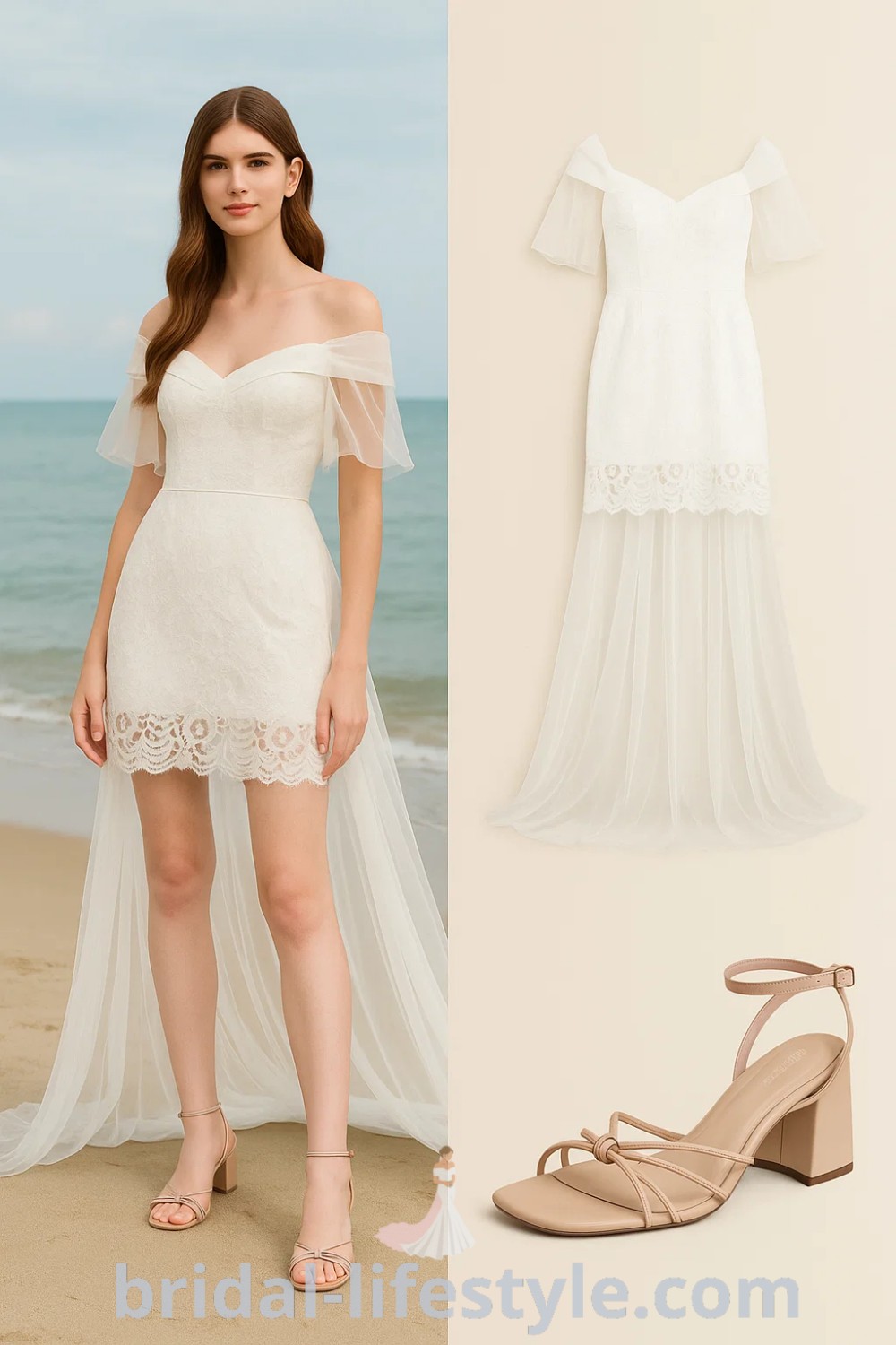 elegant off-shoulder Boho Beach wedding dress with sheer sleeves and lace hem, complemented by nude block-heeled sandals, perfect for casual weddings and special occasions, found at pinshoesoutfits.com