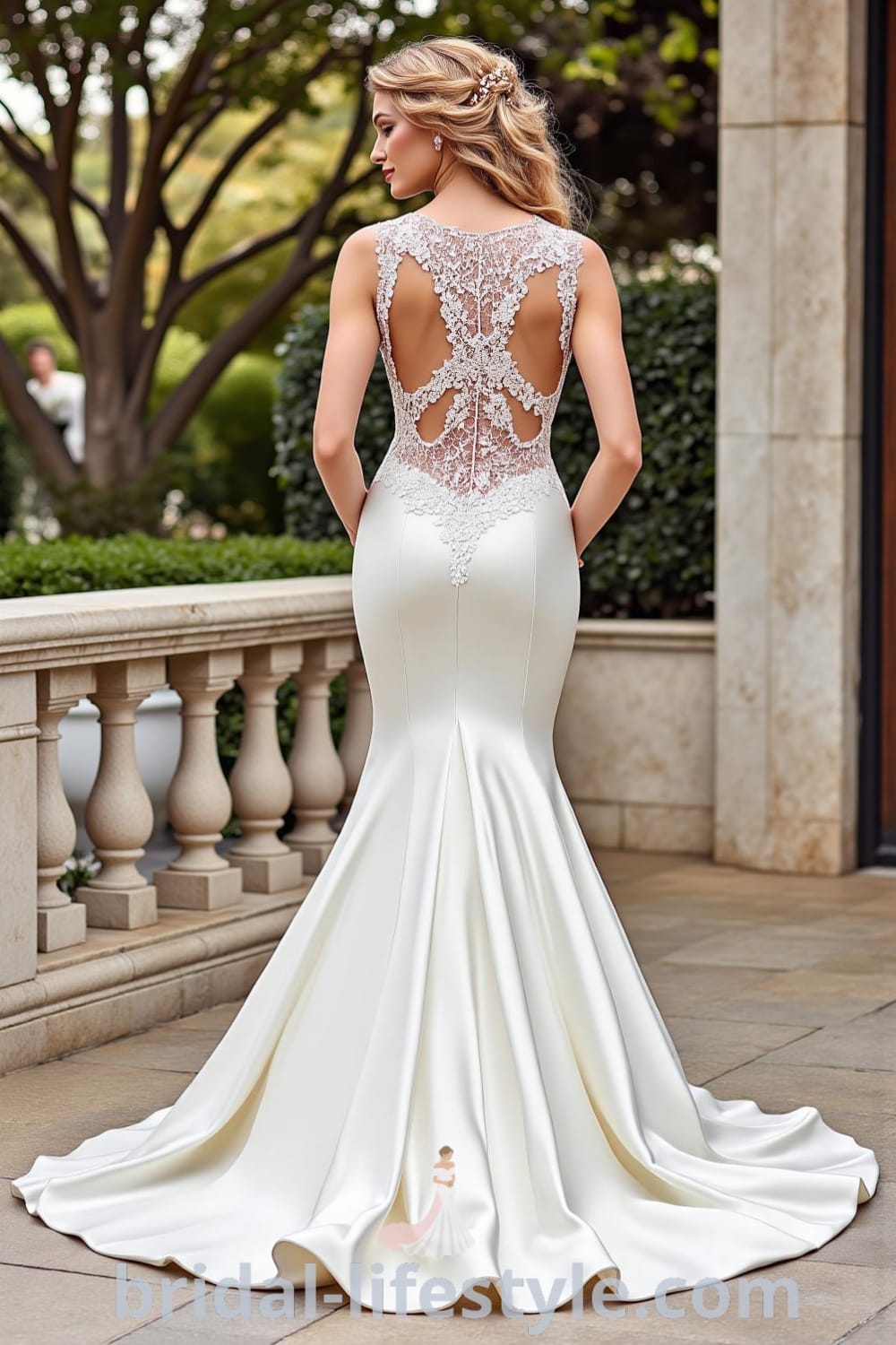 Stunning mermaid wedding dress in luxurious satin with intricate lace detailing on the open back and a delicate train. bridal-lifestyle.com