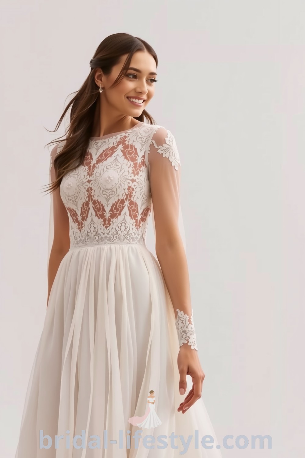 Boho separate two-piece wedding dress with intricate lace top and long sleeves, complemented by a flowy chiffon skirt. bridal-lifestyle.com