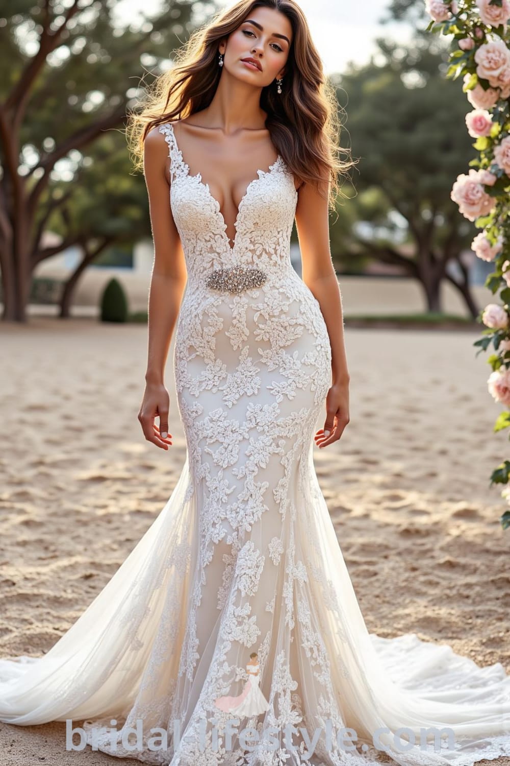 Mermaid lace wedding dress with intricate lace overlay, deep V-neckline, sheer side panels, and a cascading train, emphasizing the bride