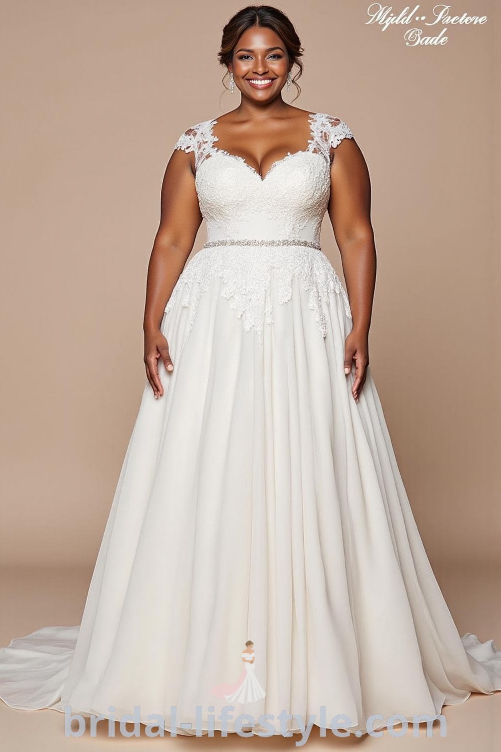 A-line wedding dress for plus sizes featuring satin fabric, intricate lace appliqués, cap sleeves, and a flowing chiffon skirt, designed for elegance and sophistication. bridal-lifestyle.com