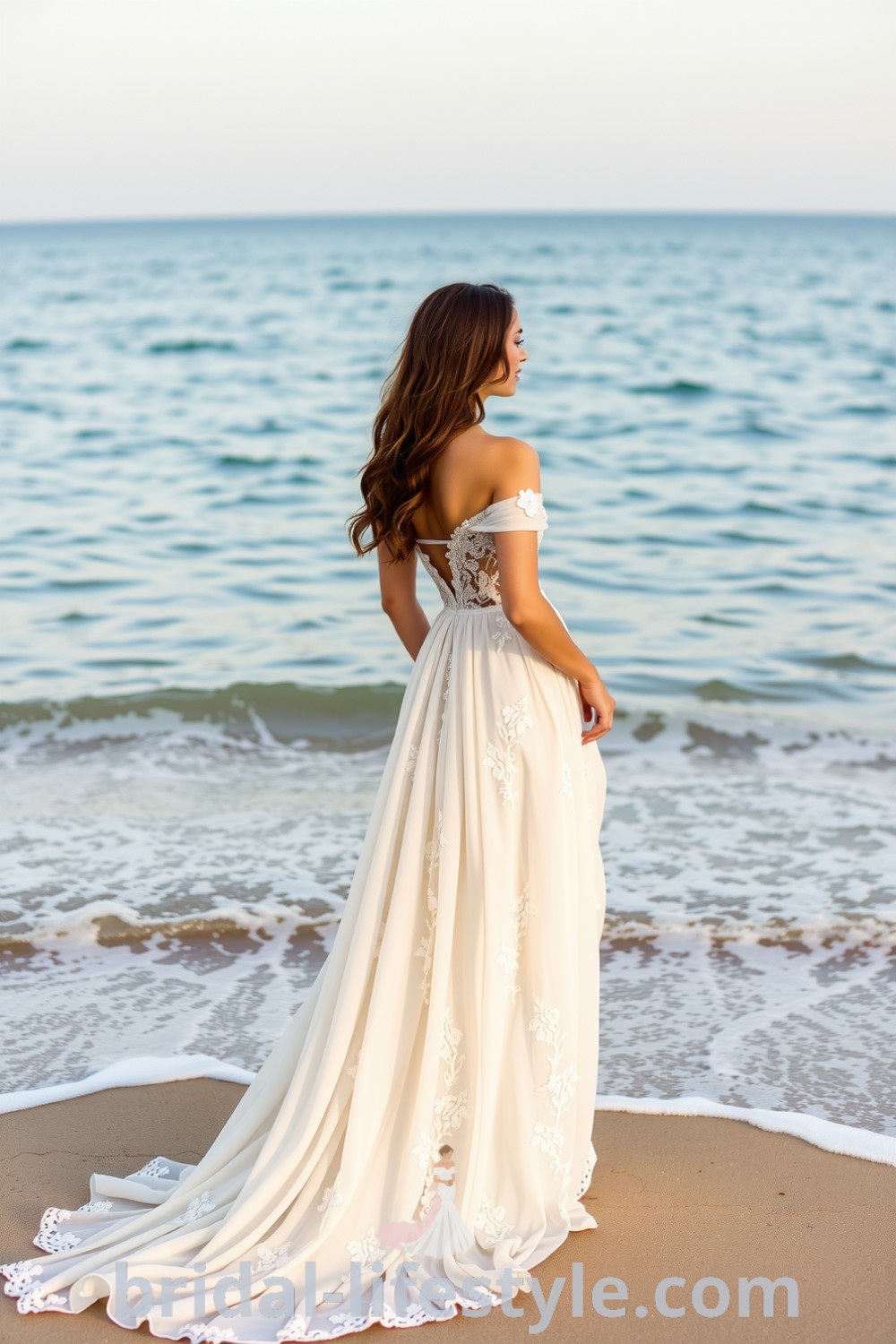 Elegant boho beach wedding dress with A-line silhouette, floral appliqués, and off-the-shoulder sleeves, featuring a sweeping train, perfect for brides looking for inspiration for their special day. bridal-lifestyle.com