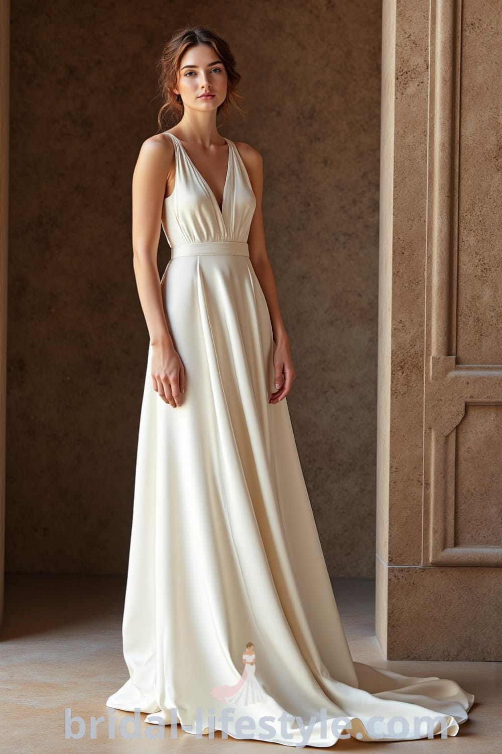 A minimalist satin wedding dress with a sleek silhouette, high neckline, sleeveless design, and subtle back cutout that catches the light beautifully. bridal-lifestyle.com
