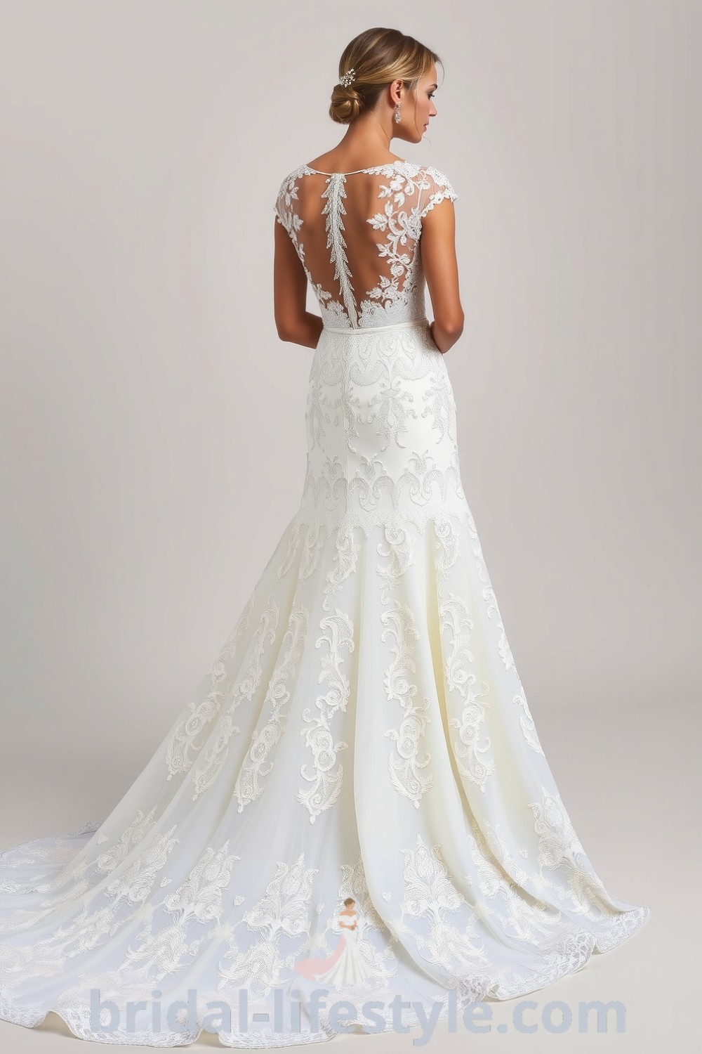 Fit and flare wedding dress with intricate beaded lace, cascading lace overlays, and a sweeping train, exuding elegance and sophistication. bridal-lifestyle.com