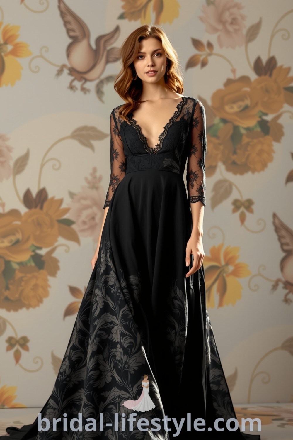 Boho black wedding dress with rich lace, A-line silhouette, three-quarter sleeves with scalloped edges, and a deep V-neckline, designed to enhance the bride’s elegance. bridal-lifestyle.com