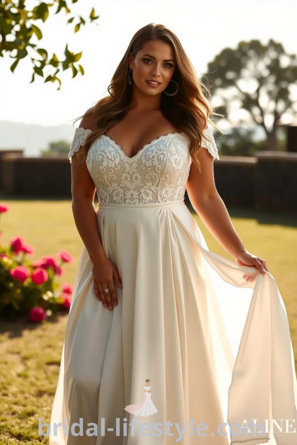 Plus-size A-line wedding dress made from satin with lace bodice detailing and an illusion neckline, featuring a flowing skirt with pleats. bridal-lifestyle.com