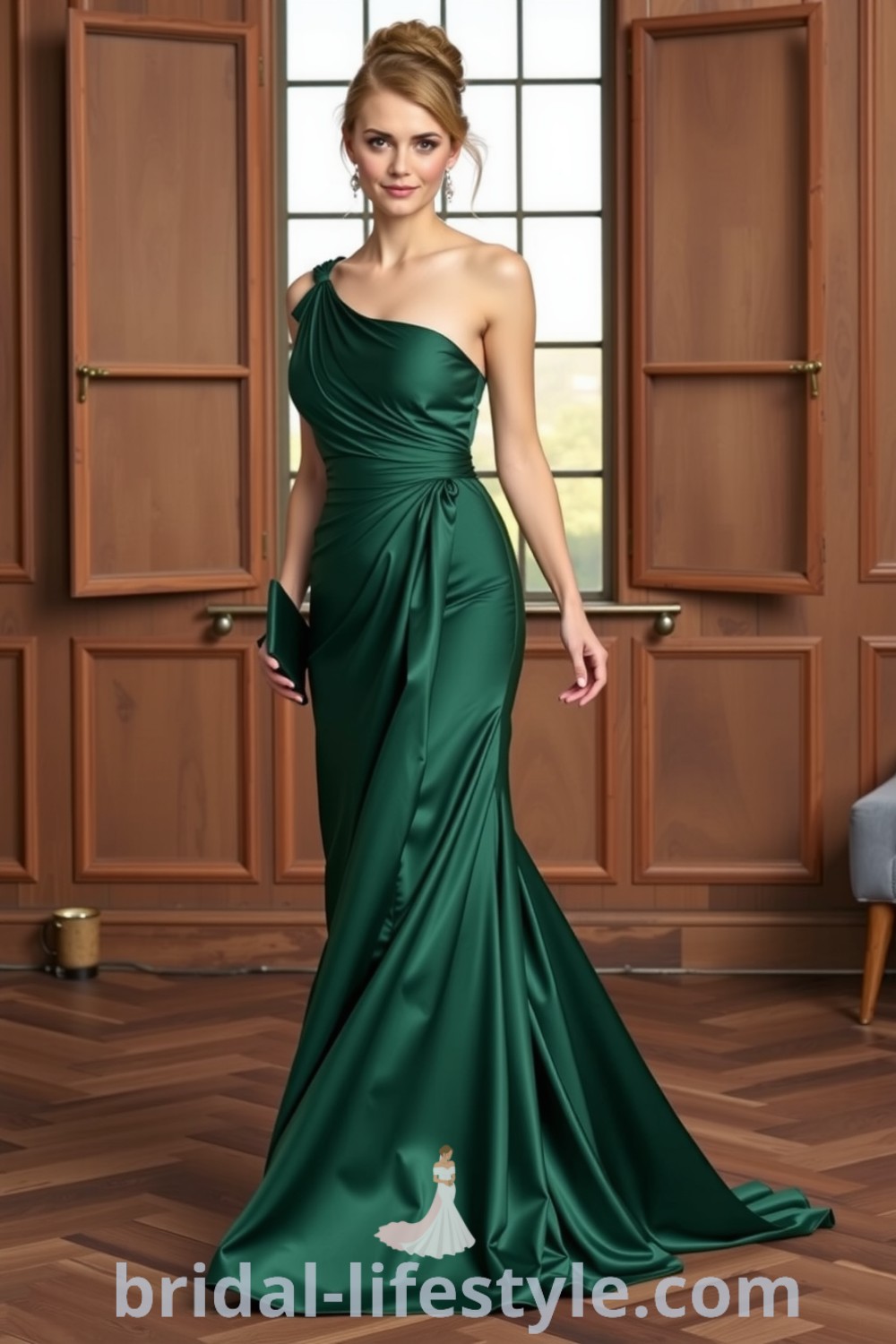One-shoulder emerald green satin bridesmaid dress with asymmetrical neckline and flowing skirt, embodying elegance and sophistication for dreamy brides. bridal-lifestyle.com