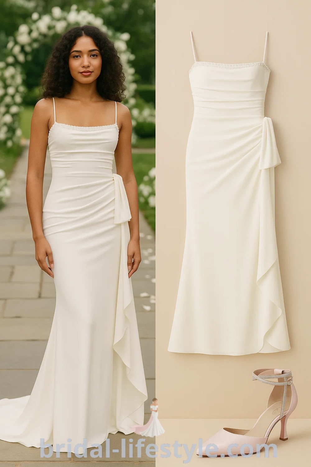 ivory fitted mermaid tail wedding dress with side drape and bow detail, light pink ankle strap heels, elegant and sophisticated for wedding and formal events from pinshoesoutfits.com
