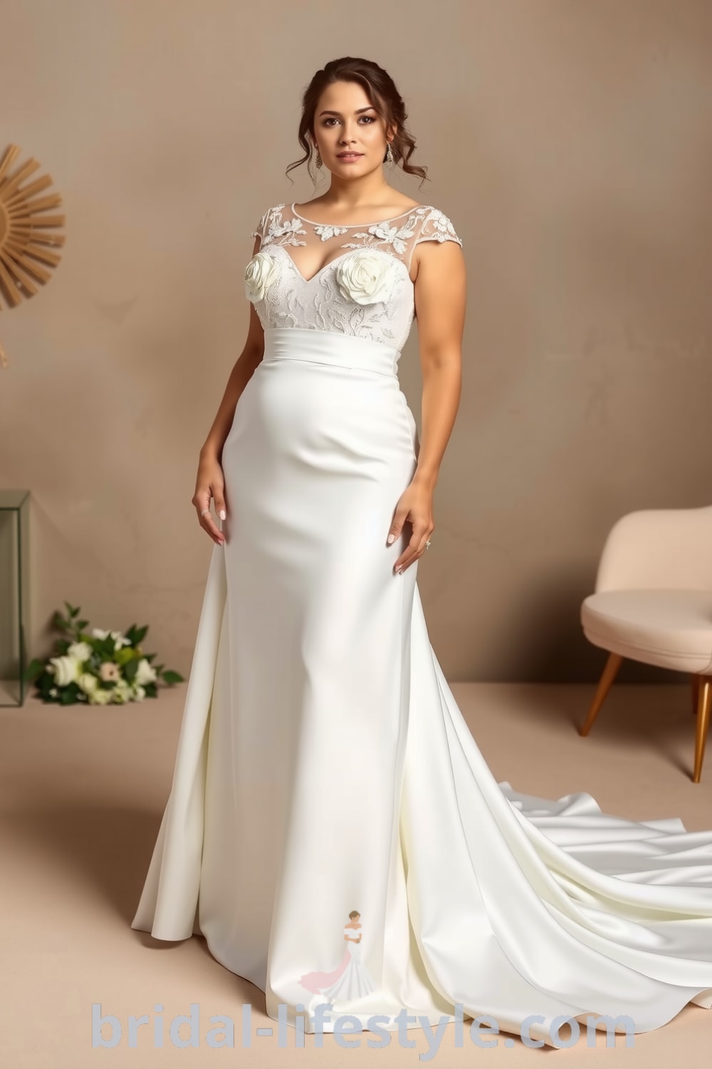 Plus size A-line wedding dress with a flowing satin skirt, fitted lace bodice adorned with floral appliqués, and a sweetheart neckline, topped with a soft sheer overlay. bridal-lifestyle.com