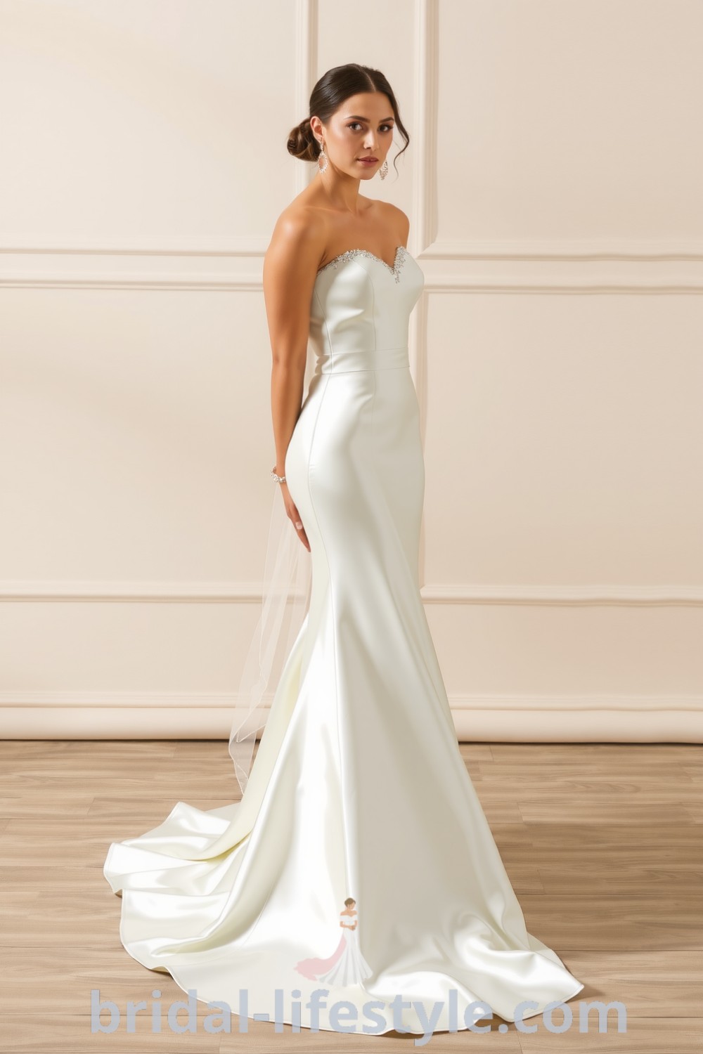 Mermaid wedding dress in luxurious satin with a sweetheart neckline and subtle detailing, featuring a flared silhouette and trailing satin train, perfect for elegant and romantic weddings. bridal-lifestyle.com
