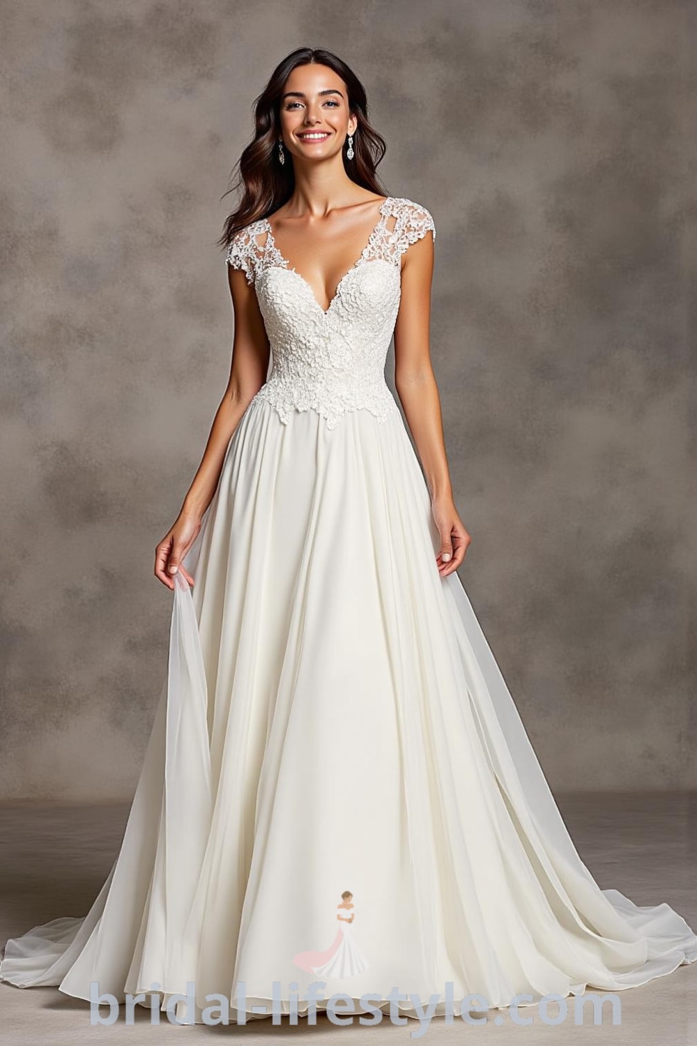 A-line wedding dress with cap sleeves, lace overlay, satin skirt, sweetheart neckline, and floral embroidery, showcasing romantic elegance. bridal-lifestyle.com