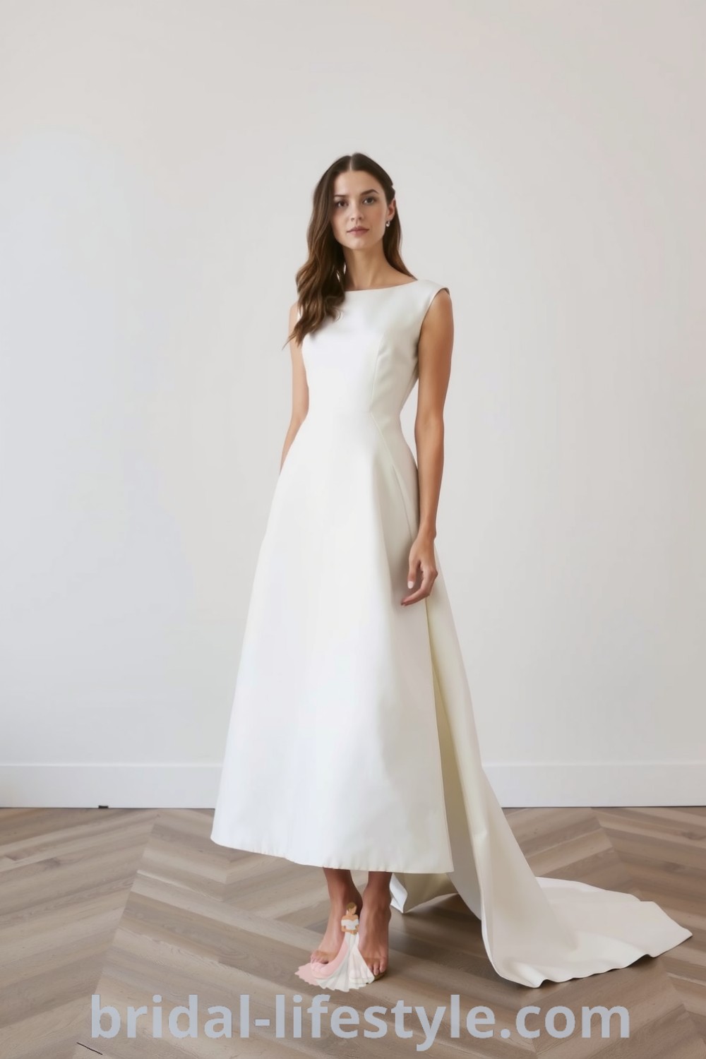 Minimalist short wedding dress in crisp white satin with A-line silhouette and delicate sleeveless neckline. bridal-lifestyle.com