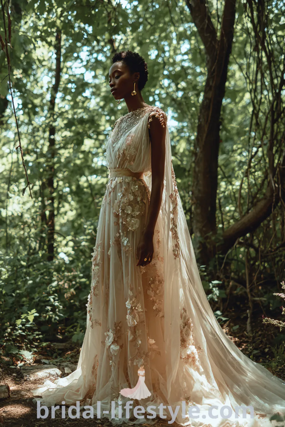 Ethereal floral bridal gown with chiffon layers, empire waist, whimsical elegance, boho flowery wedding dress.