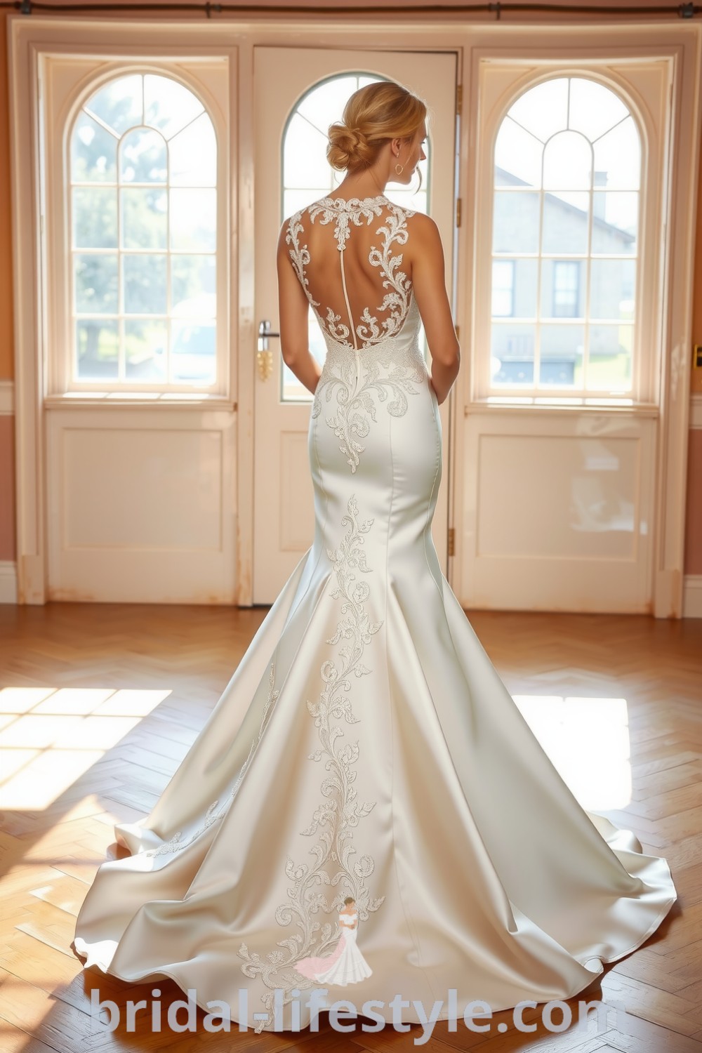 Fit and flare wedding dress with open back, luxurious satin fabric, intricate lace appliqués, and a flowing skirt, designed to enhance the bride