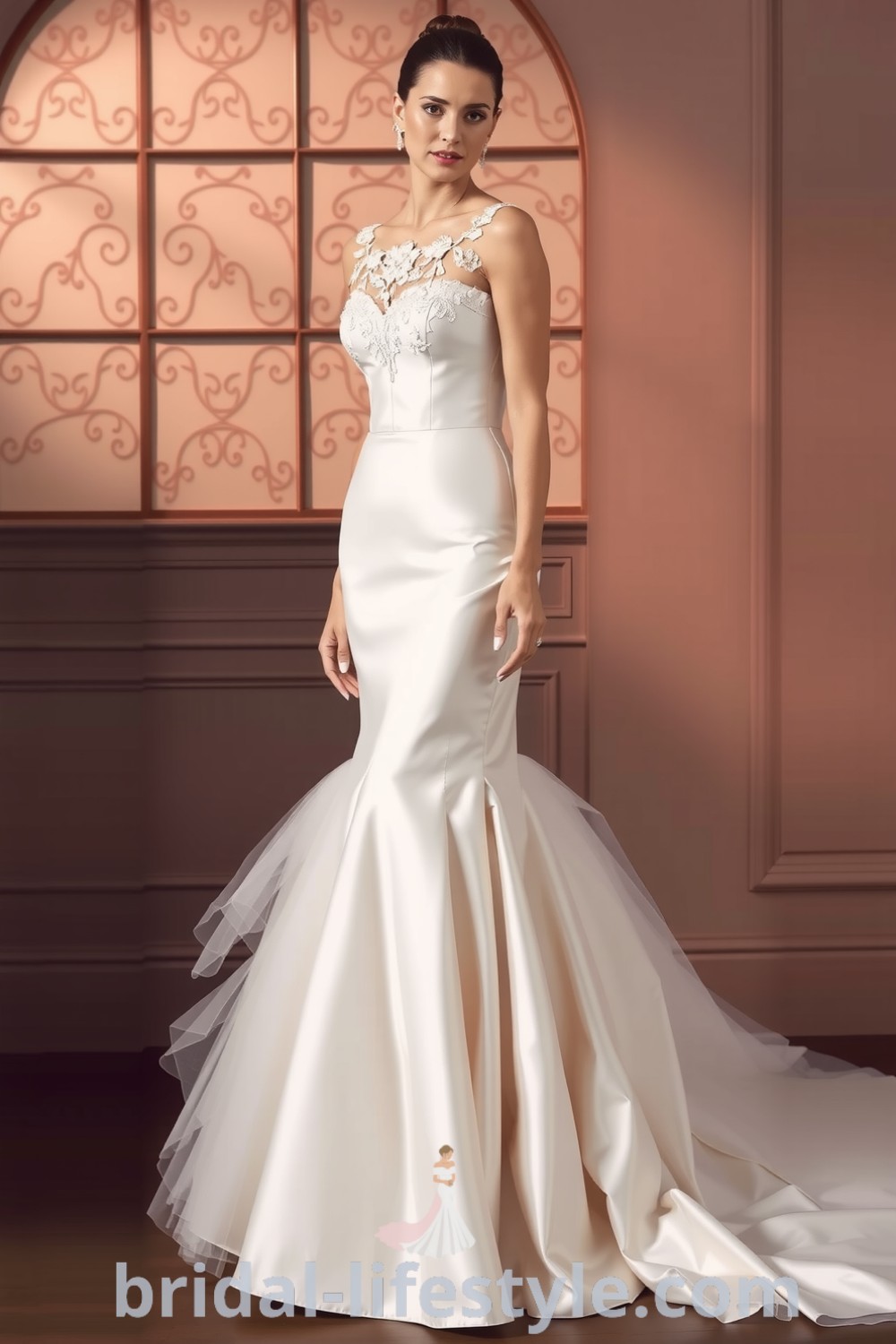 Mermaid wedding dress with fitted satin bodice and detachable tulle skirt, adorned with lace appliqués on the sweetheart neckline, showcasing a romantic and elegant style for the special day. bridal-lifestyle.com