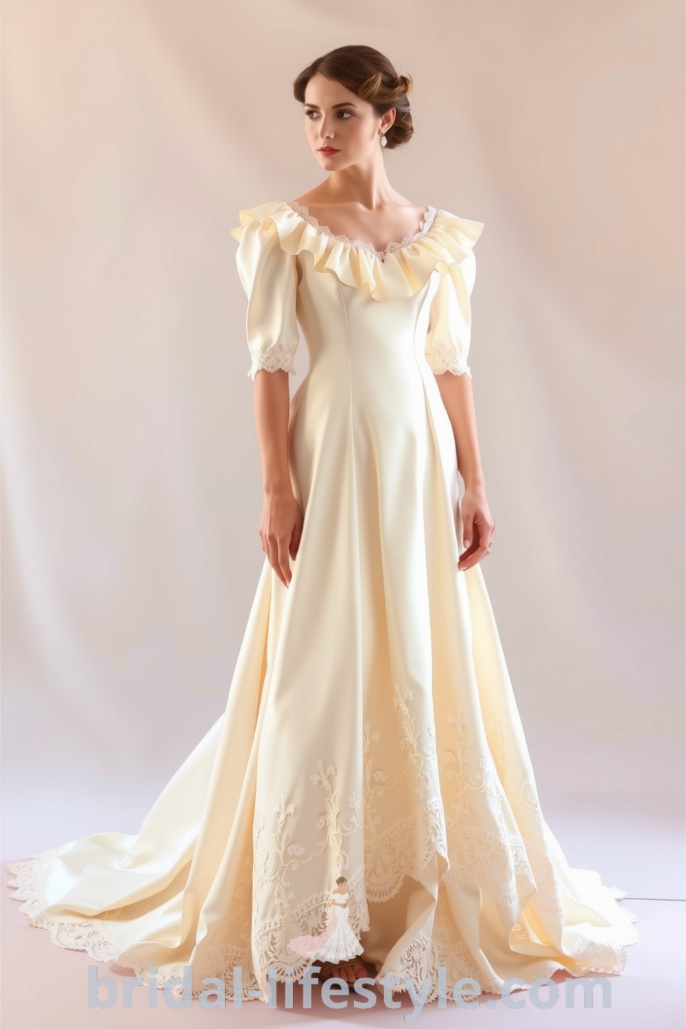 Vintage Victorian wedding dress with cream satin, intricate lace appliqué, flowing tea-length skirt, and delicate ruffles, perfect for dreamy brides seeking timeless elegance. bridal-lifestyle.com