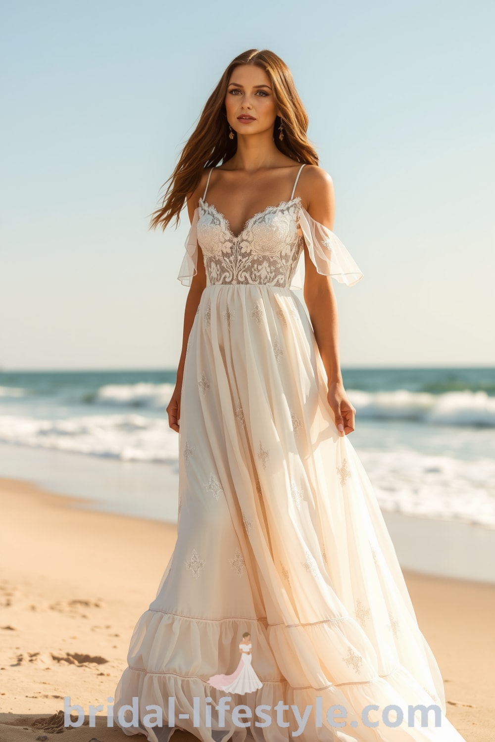 Boho beach wedding dress with soft lace, flowing chiffon, floral appliqués, and sheer flutter sleeves, perfect for a seaside celebration. bridal-lifestyle.com