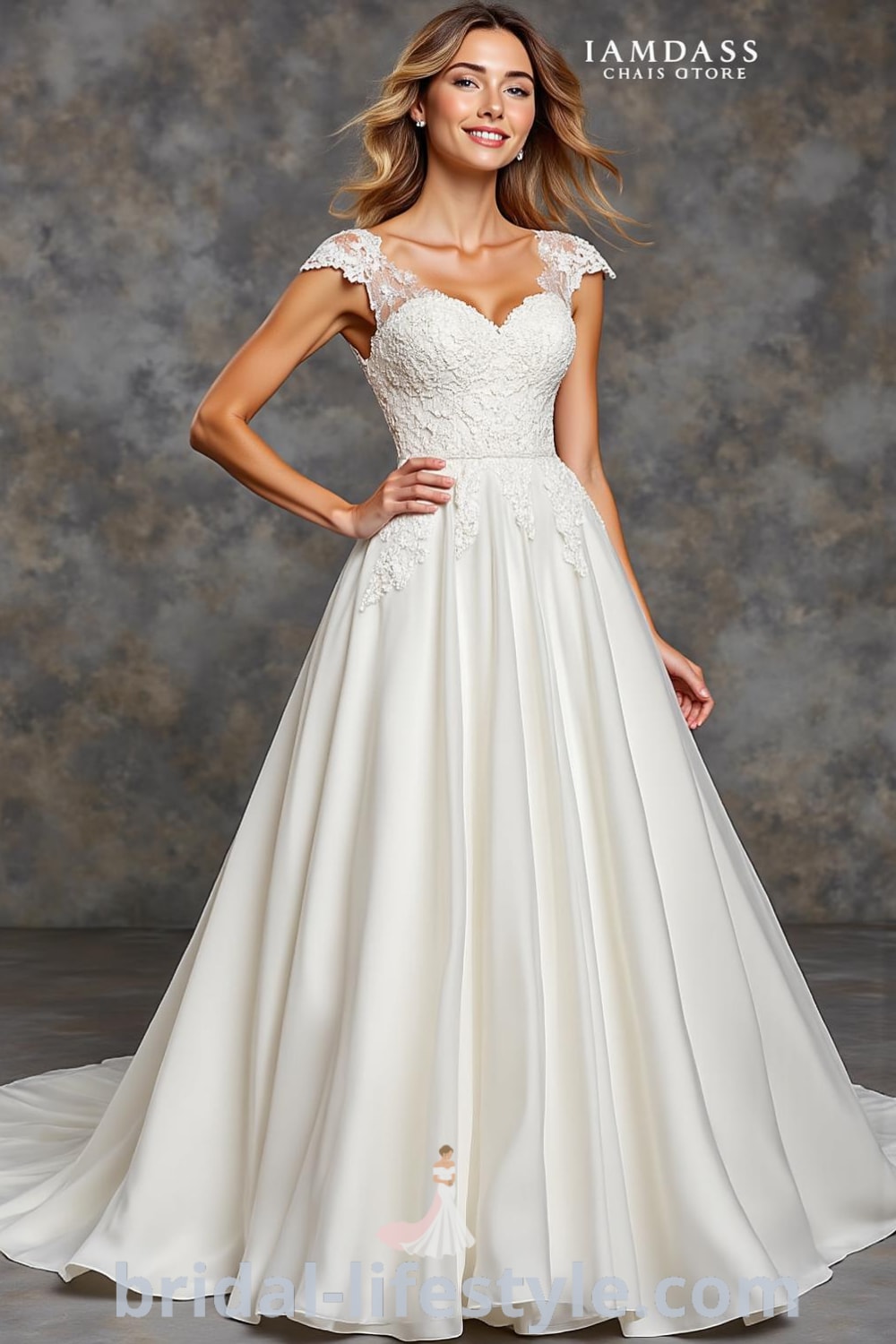 A-line wedding dress with sweetheart neckline, intricate lace overlays, soft satin fabric, delicate cap sleeves, and an elegant train. bridal-lifestyle.com