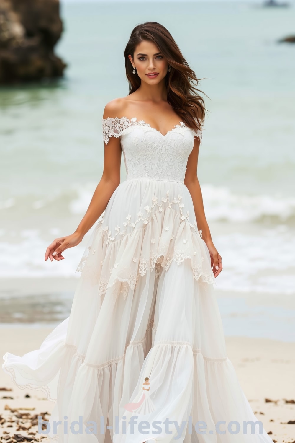 Boho beach wedding dress made of flowing lace, featuring an off-the-shoulder neckline, tiered layers, and delicate floral appliqués. bridal-lifestyle.com