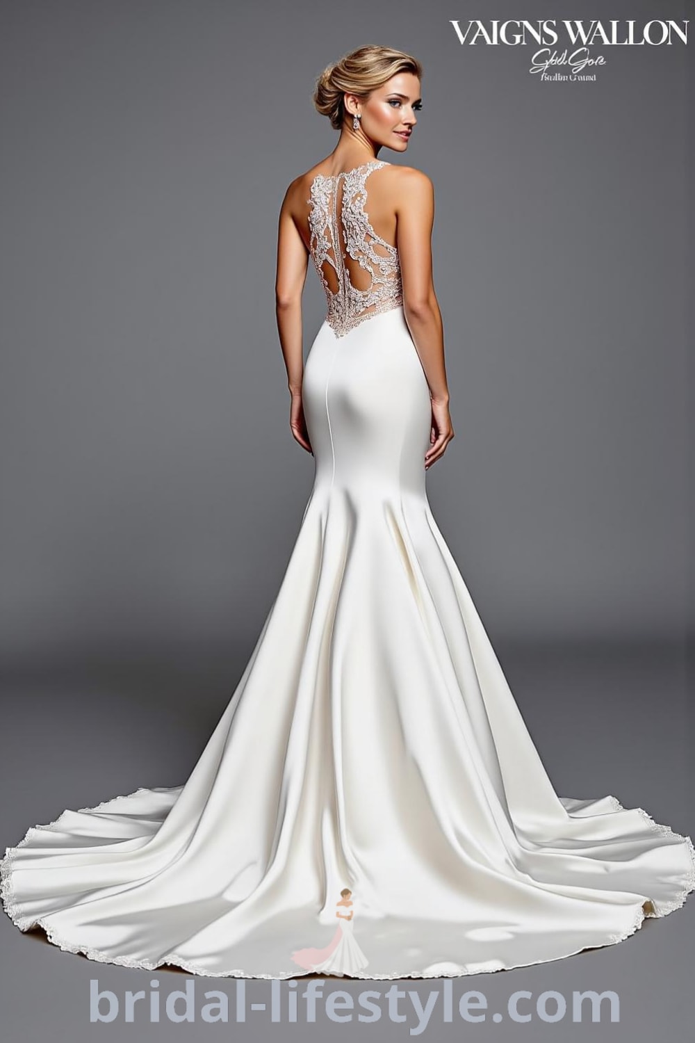 Mermaid wedding dress made of satin with open back design, intricate lace appliqués, and a dramatic train, perfect for a sophisticated bridal look. bridal-lifestyle.com