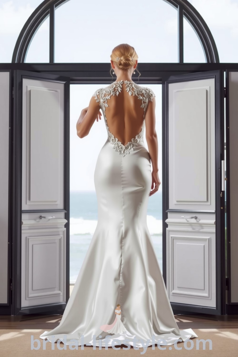 Elegant mermaid wedding dress made of luxurious satin with lace appliqués on the open back, flattering the figure, ideal for the special day. bridal-lifestyle.com