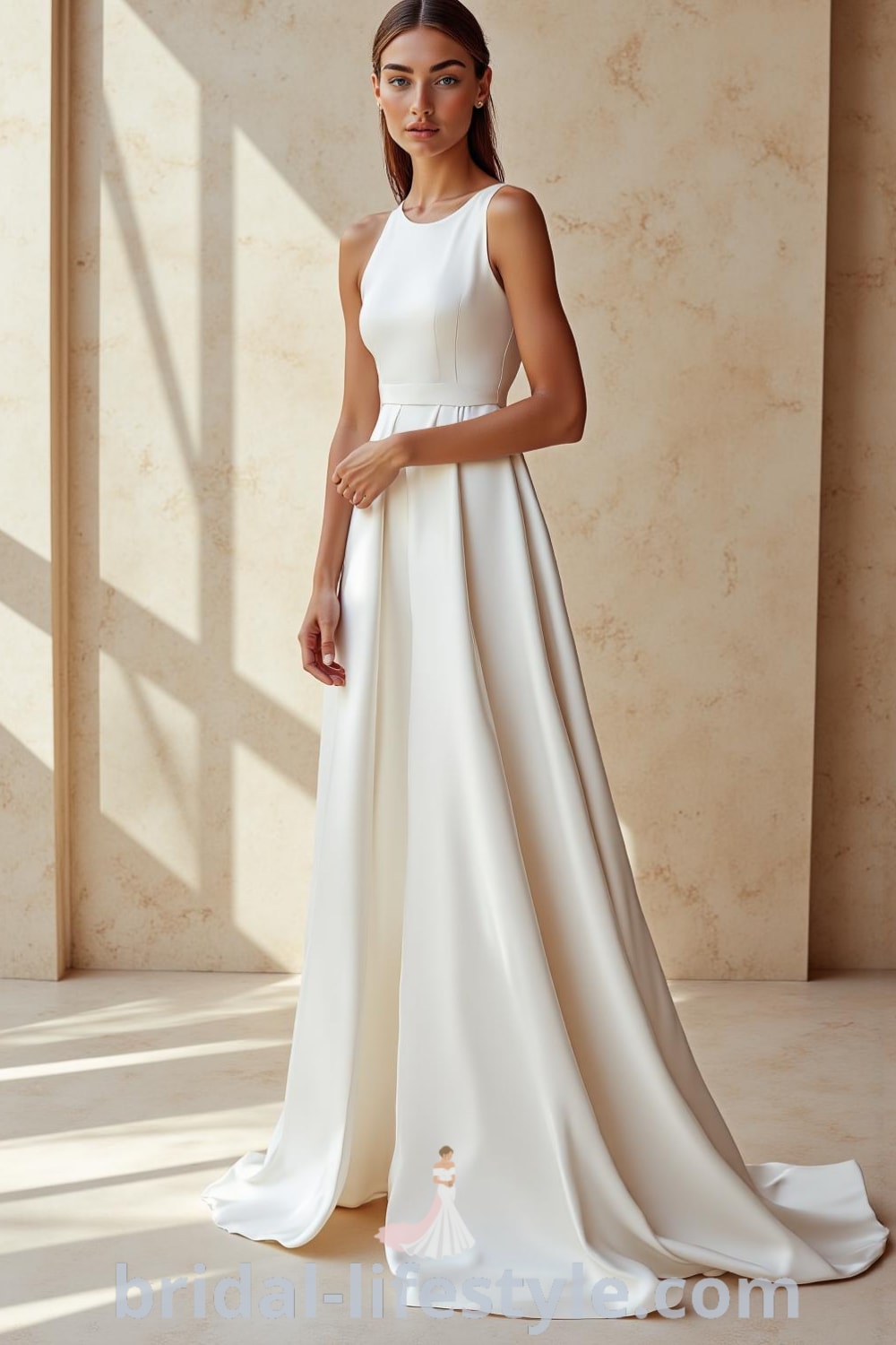 Elegant wedding dress made of silk satin with a boat neckline and A-line silhouette, featuring a delicate train. bridal-lifestyle.com