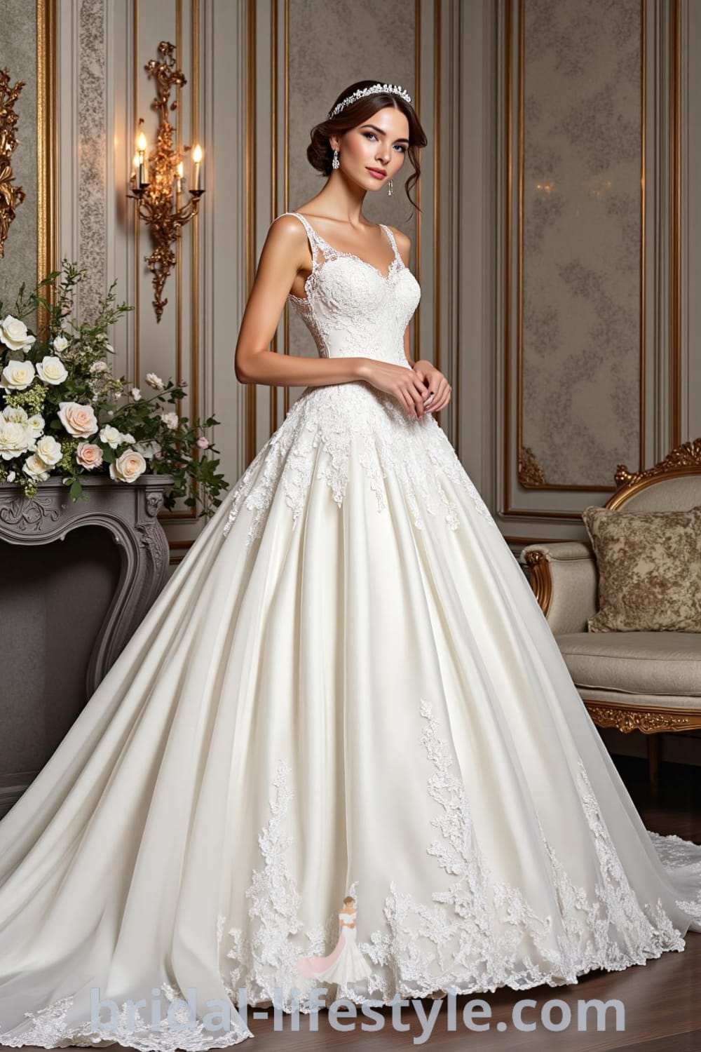 A timeless princess-style wedding dress featuring a satin and tulle blend, fitted lace appliquéd bodice, and voluminous skirt, with sparkles cascading down the hem. bridal-lifestyle.com