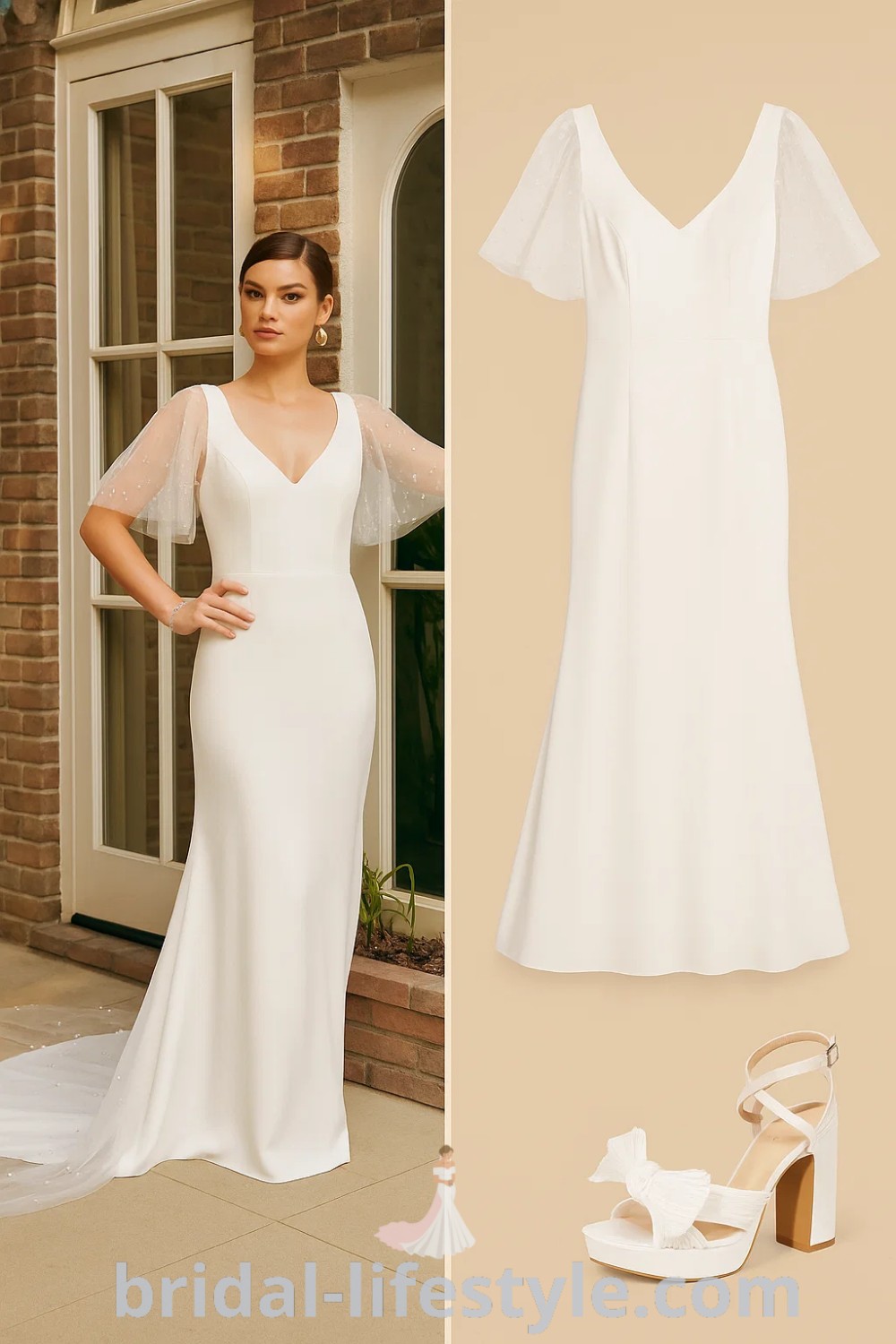 Fitted bodice gown in white satin with sheer puff sleeves, perfect for weddings and special occasions. Complemented by strappy white heels with bows, this elegant outfit embodies charm and sophistication. Find more at pinshoesoutfits.com.