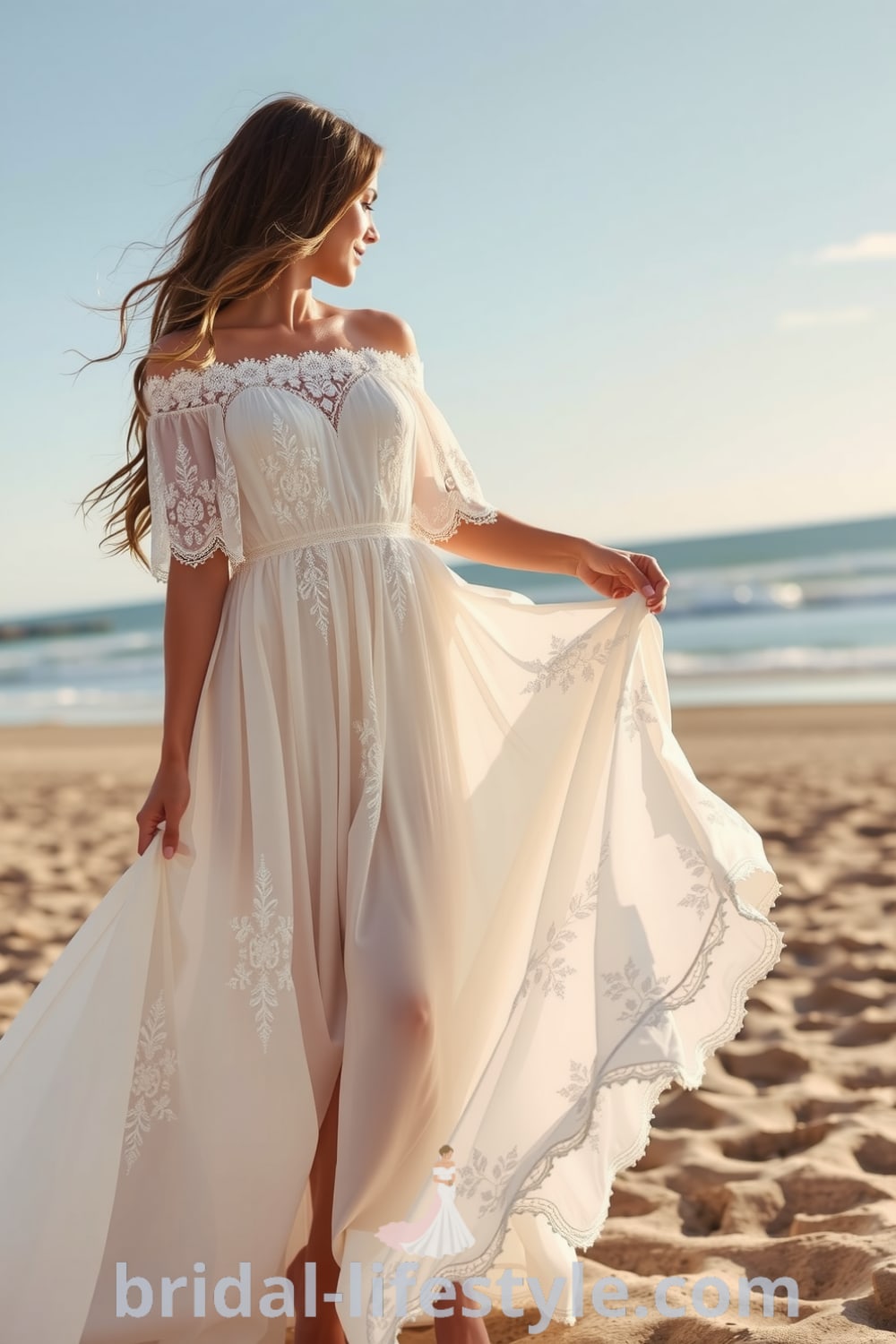 A breathtaking boho beach wedding dress in soft chiffon with off-the-shoulder design, intricate lace detailing, and delicate embroidery, perfect for a seaside celebration. bridal-lifestyle.com