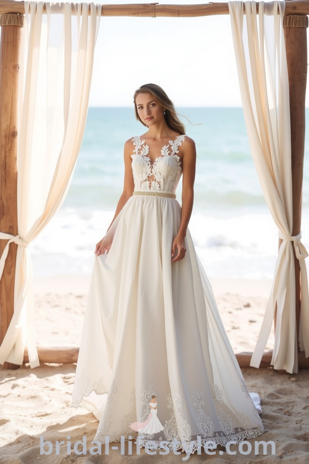 Elegant Boho beach wedding dress with flowing A-line silhouette, floral appliqués, and scalloped edges, designed for dreamy brides. bridal-lifestyle.com