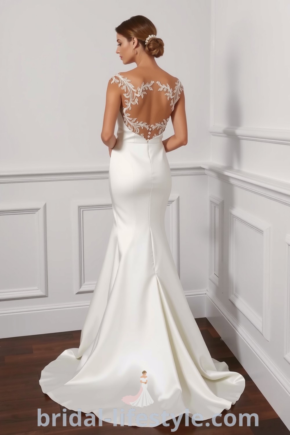 Mermaid wedding dress made from luxurious satin with a fitted bodice featuring lace appliqués, a detachable tulle skirt, sweetheart neckline, and buttons down the back. bridal-lifestyle.com