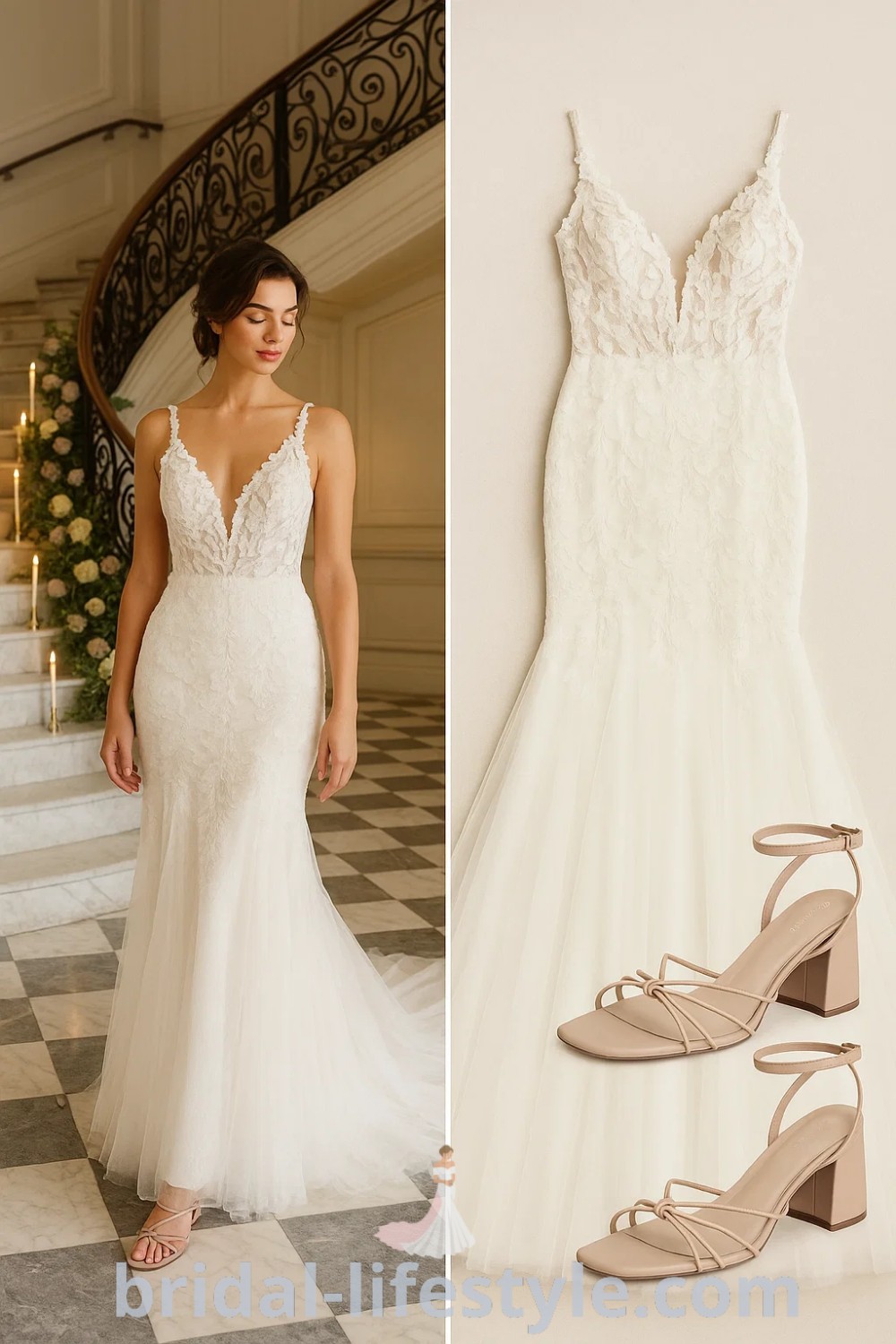 A stunning white Mermaid Tail wedding dress with lace and tulle, featuring a v-neckline and fitted upper, complemented by nude strappy heel sandals. Perfect for whimsical brides and garden weddings. Discover more at pinshoesoutfits.com.