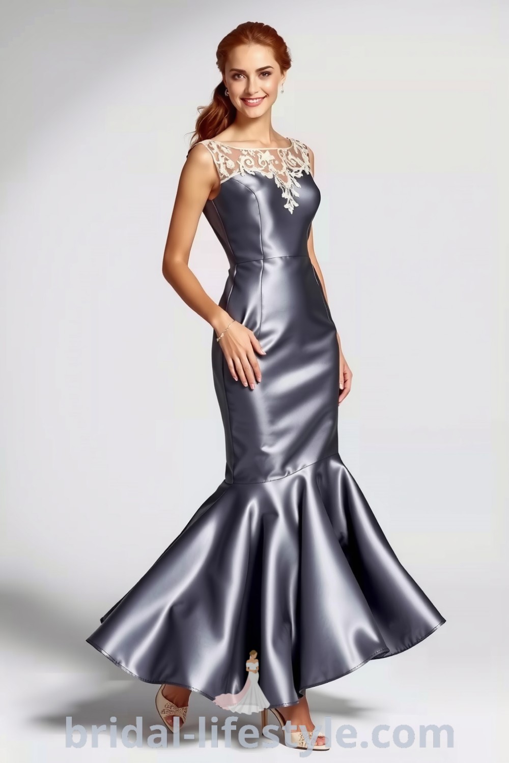 Elegant mermaid satin wedding dress with lace detailing, knee-length skirt, and luxurious finish, perfect for dreamy brides and special celebrations. bridal-lifestyle.com