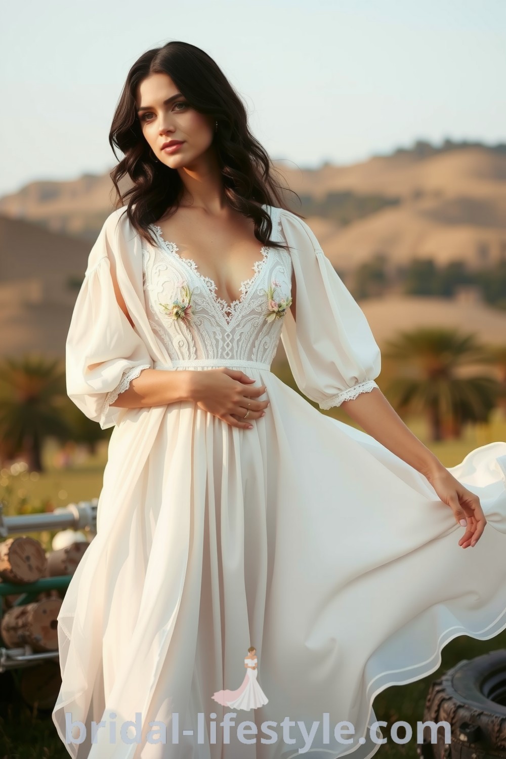 Whimsical boho lace wedding dress with flowy silhouette, billowing sleeves, and floral embroidery, designed for dreamy brides with elegant tastes. bridal-lifestyle.com