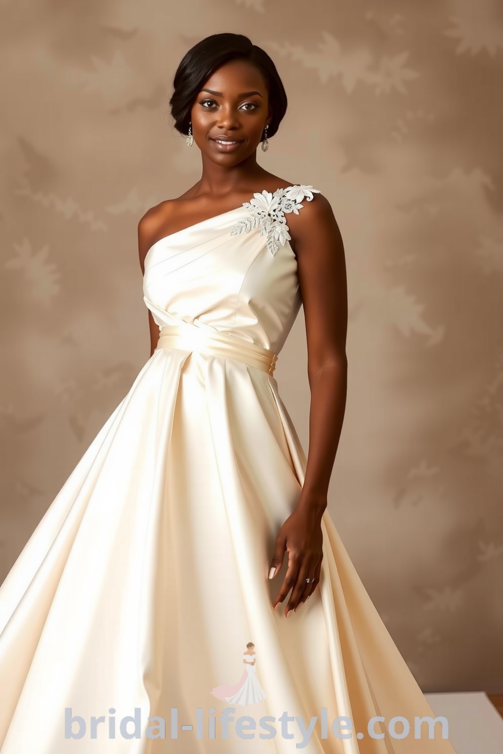 One-shoulder bridesmaids dress in soft satin with lace appliqués, elegantly draping over the figure. Perfect for dreamy brides seeking inspiration for their special day. bridal-lifestyle.com