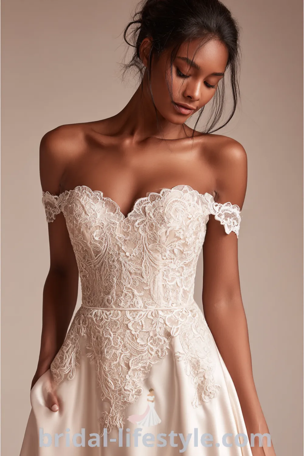 A-line wedding dress with lace appliqués and an off-the-shoulder design, perfect as a lace wedding dress, casual wedding dress, or beach wedding dress.