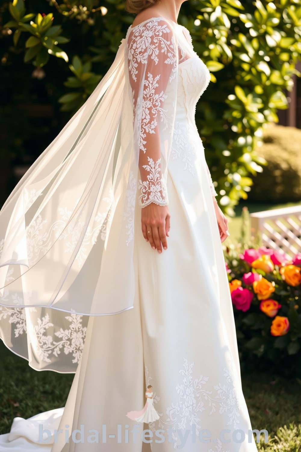 Elegant vintage lace wedding dress with A-line silhouette, intricate floral patterns, satin underlayers, lace-trimmed sleeves, and sweetheart neckline. bridal-lifestyle.com