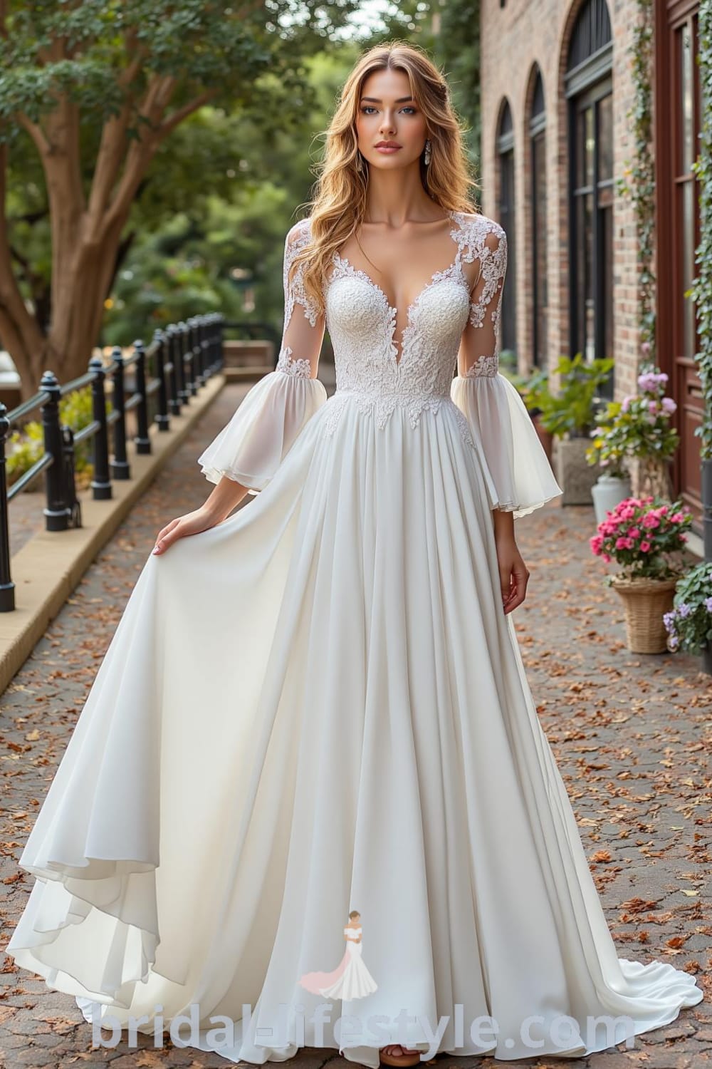 A-line wedding dress with long chiffon sleeves, a lace-adorned bodice, and a flowing skirt that cascades to the floor, featuring a subtle V-neckline, perfect for a romantic wedding. bridal-lifestyle.com