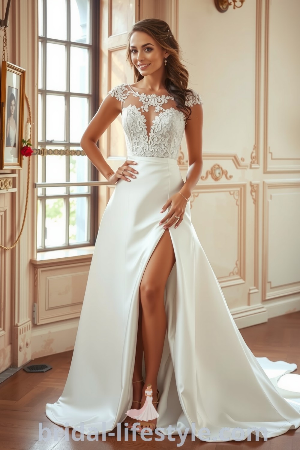 Elegant fit and flare wedding dress made from luxurious satin, featuring a thigh-high slit and intricate lace appliqués, creating a romantic and sophisticated silhouette. bridal-lifestyle.com