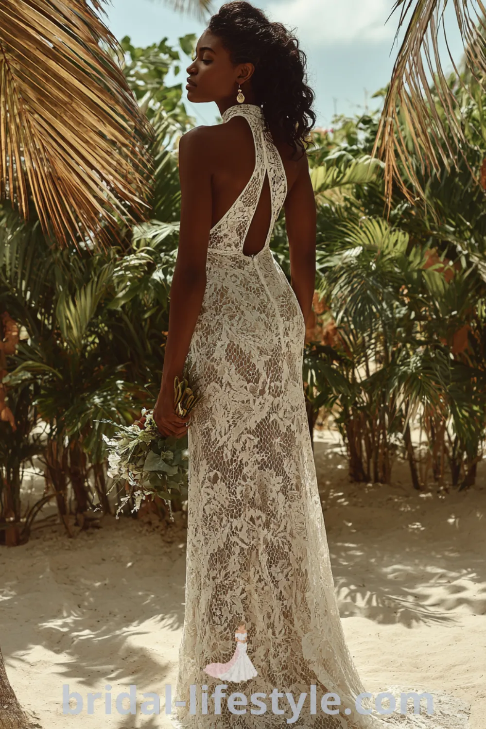 Boho beach wedding dress features lightweight lace, open back details, tropical destination wedding setting, relaxed beach bridal vibe.