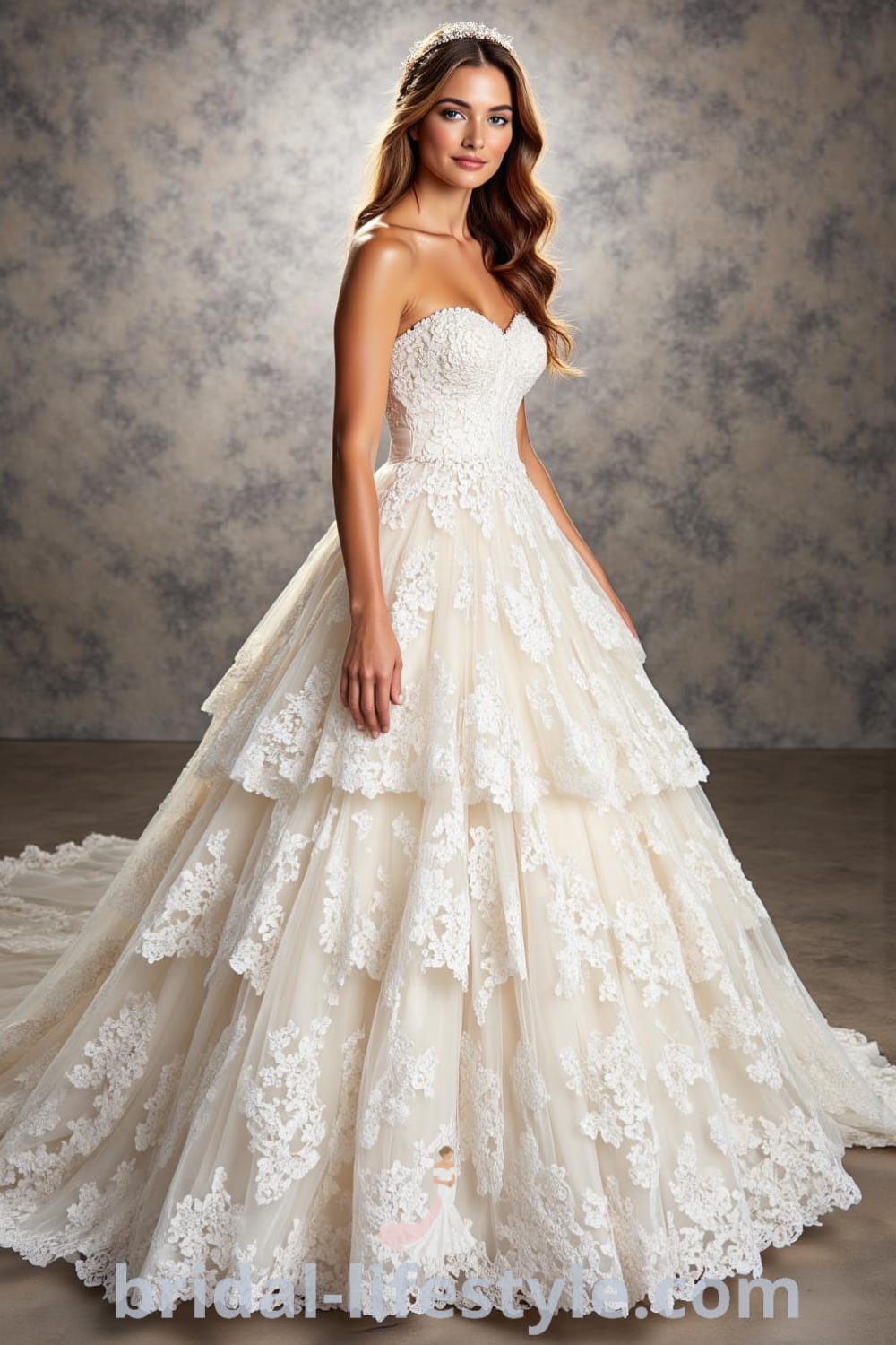Elegant Princess Tail wedding dress with satin bodice, voluminous tulle skirt, intricate lace appliqués, lace-trimmed neckline, and flowing train. bridal-lifestyle.com