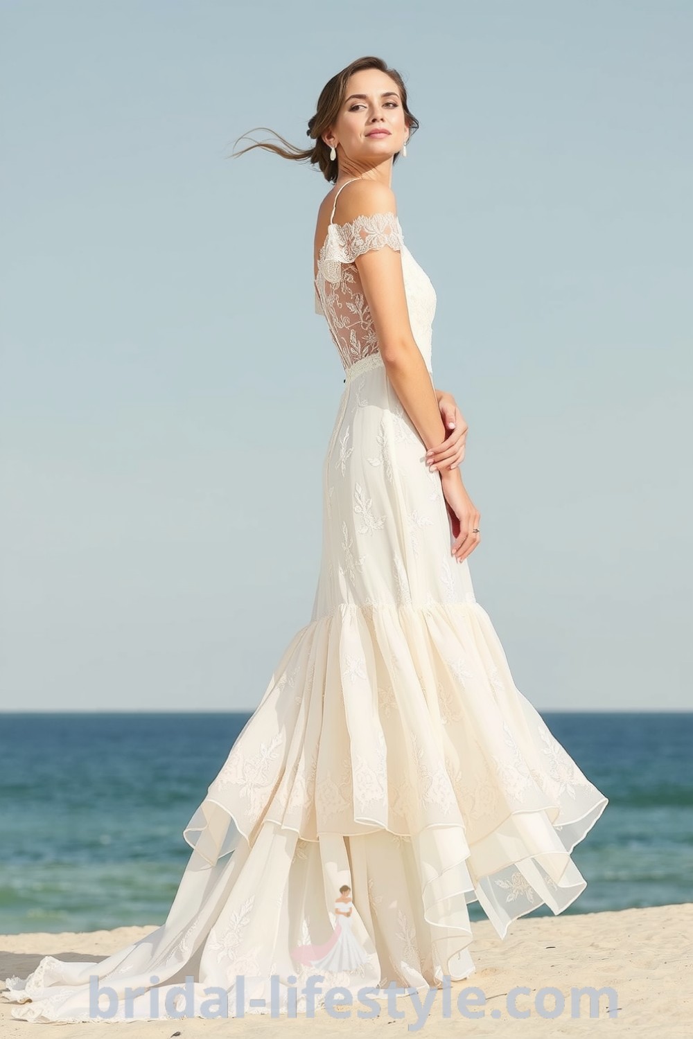 Elegant boho beach wedding dress with off-the-shoulder neckline, tiered skirt, and floral embroidery, embodying free-spirited charm for the special day. bridal-lifestyle.com