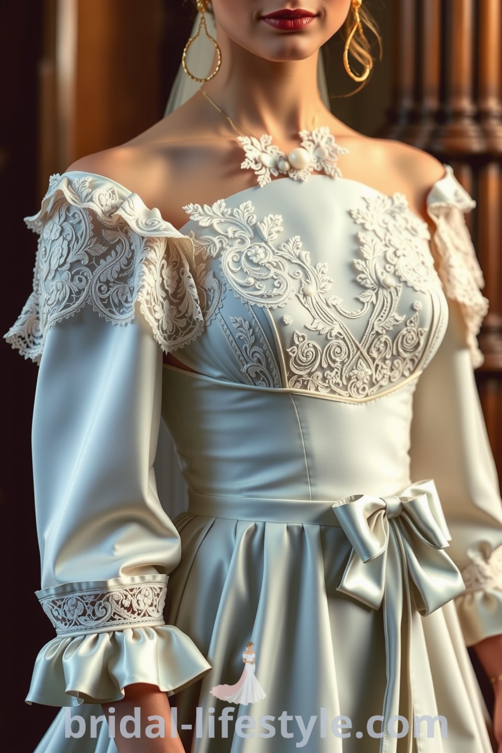 Elegant Vintage Victorian wedding dress featuring satin fabric, intricate lace overlays, delicate ruffles, and an off-the-shoulder neckline, offering inspiration for every bride