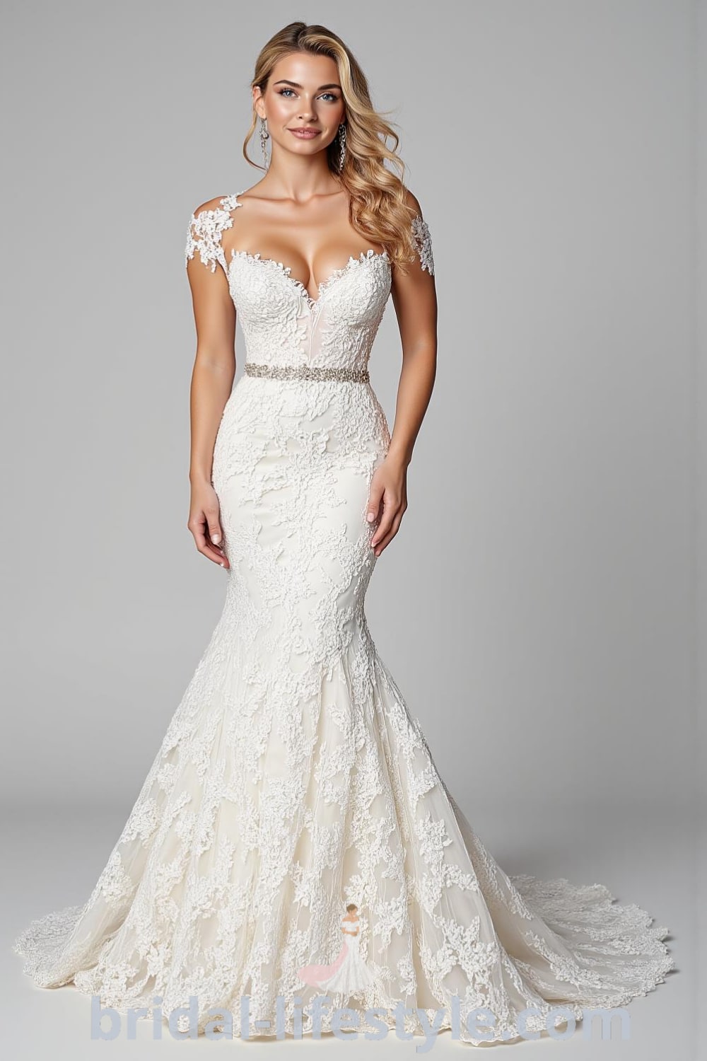 Mermaid wedding dress with intricate lace overlays, plunging sweetheart neckline, and elegantly flared skirt, adorned with delicate beading. bridal-lifestyle.com