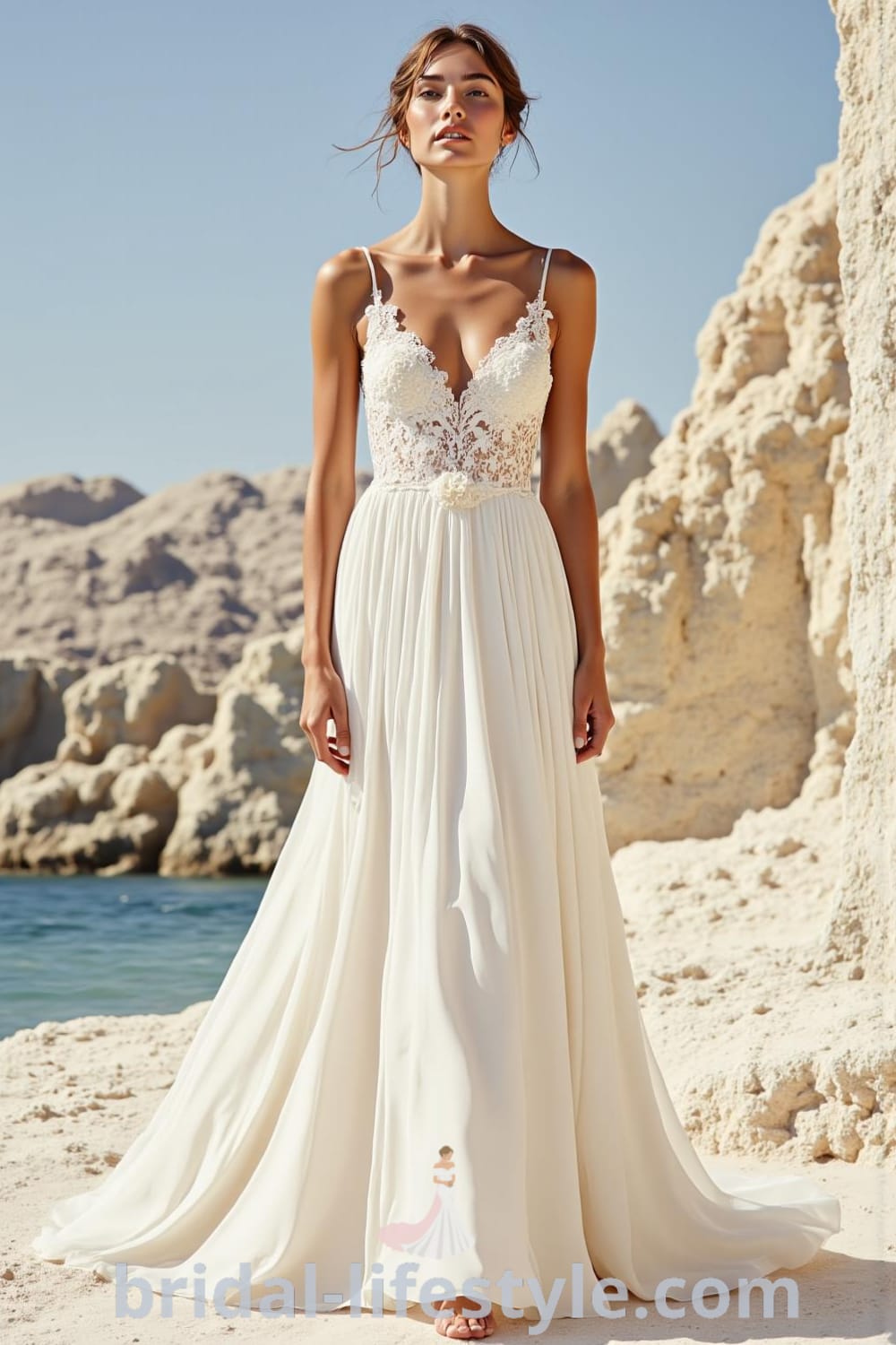 A-line wedding dress in flowing satin with V-neckline, adorned with lace appliqués and soft layers, perfect for a romantic occasion. bridal-lifestyle.com